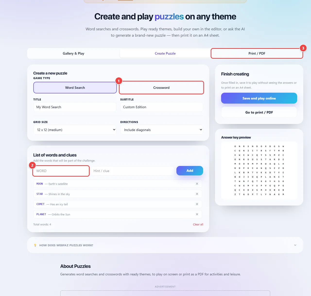 Create Puzzle editor with four words added, the choice between Word Search and Crossword, the grid size and the game preview.