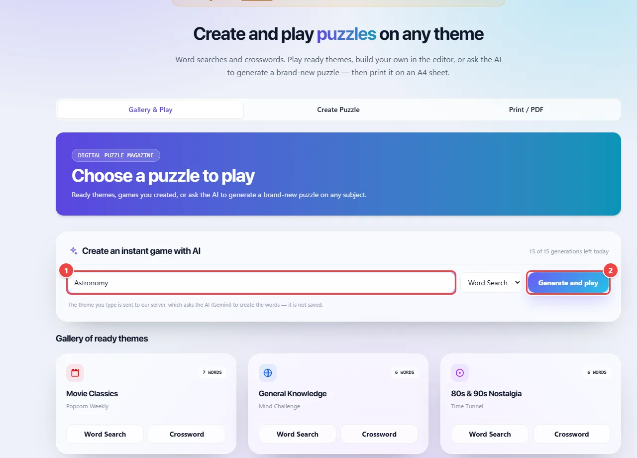 WebFaz Puzzles with the topic Astronomy typed in the Create an instant game with AI field, the type of game and the Generate and play button.