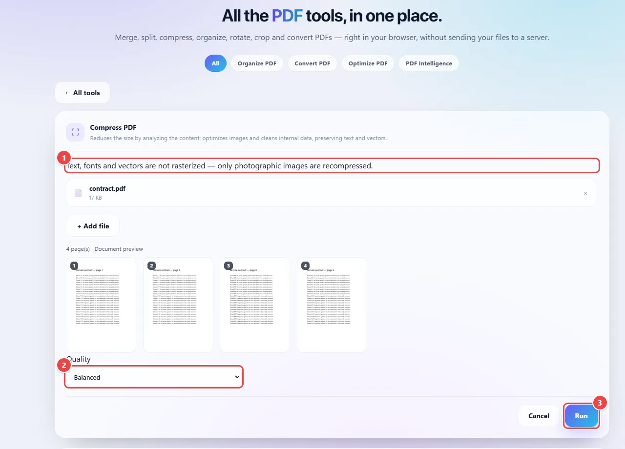 Compress PDF tool with the notice that text, fonts and vectors are not rasterized, the document thumbnails and the choice of quality level, Balanced, before the Run button.