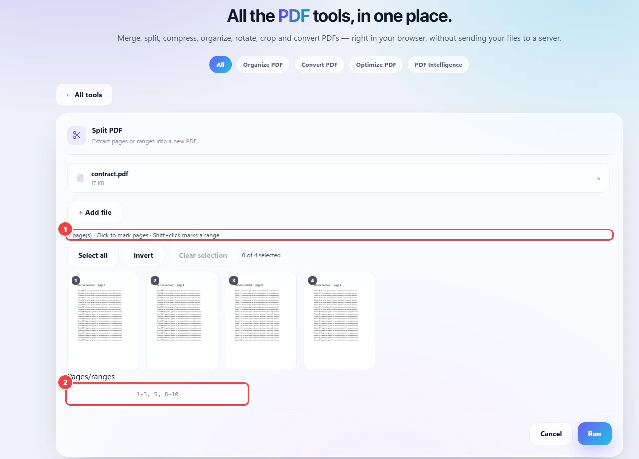 Split PDF tool with the document’s pages as thumbnails you can click to choose what will be extracted, and the Pages and ranges field with the example 1-3, 5, 8-10.