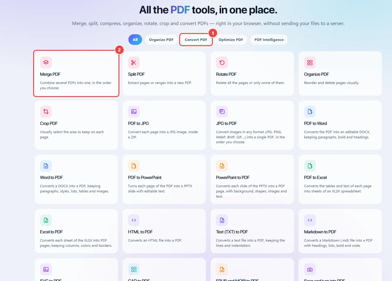 WebFaz PDF home screen with the tabs All, Organize PDF, Convert PDF, Optimize PDF and PDF Intelligence and the tool cards, such as Merge PDF, Split PDF, Rotate PDF and Organize PDF.