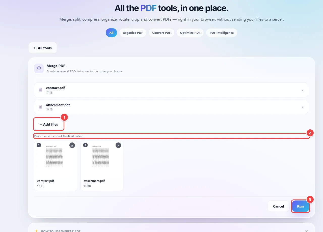 Merge PDF screen with two files in the list, contract.pdf and attachment.pdf, the thumbnails numbered in the final order and the Cancel and Run buttons.