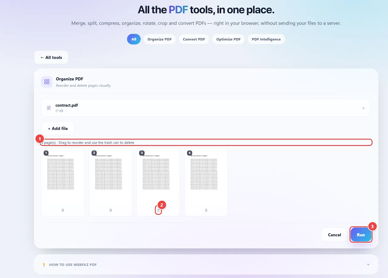 Organize PDF tool with the four pages of a contract as numbered thumbnails, each with a delete button, and the Cancel and Run buttons.