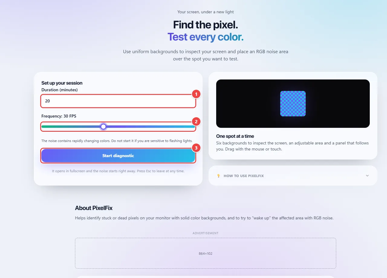 Pixel Fixer with a duration of 20 minutes and a frequency of 30 frames per second set, and the Start diagnostic button.