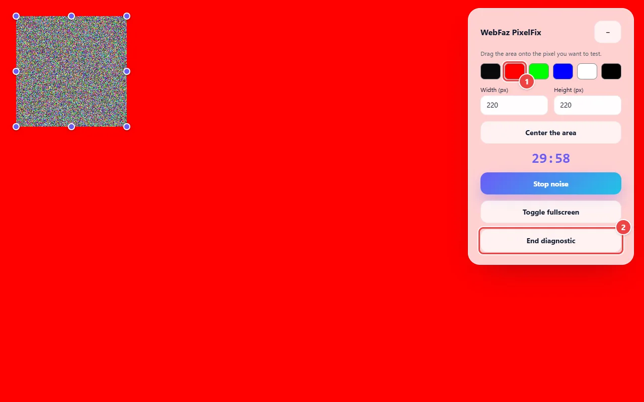 Pixel Fixer diagnostic in full screen with the red background: the floating panel has the color buttons (Dark, Red, Green, Blue, White and Black), the size of the noise area, the timer and the Stop noise, Toggle full screen and End diagnostic buttons.