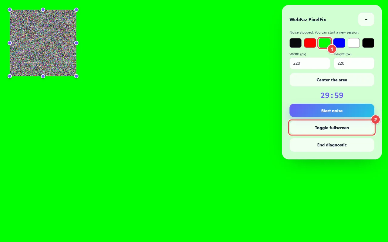 Pixel Fixer diagnostic in full screen with the green background and the noise stopped, showing the solid colors used to photograph the defective spot on each background.