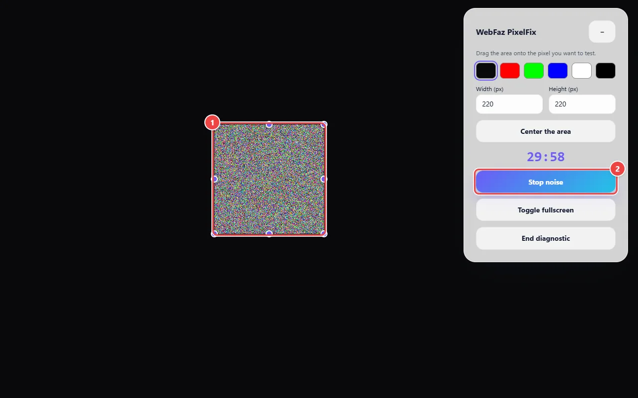 Pixel Fixer diagnostic in full screen with the colored noise area dragged to the middle of the screen, the handles to resize, the width and height fields and the Stop noise button with the timer.