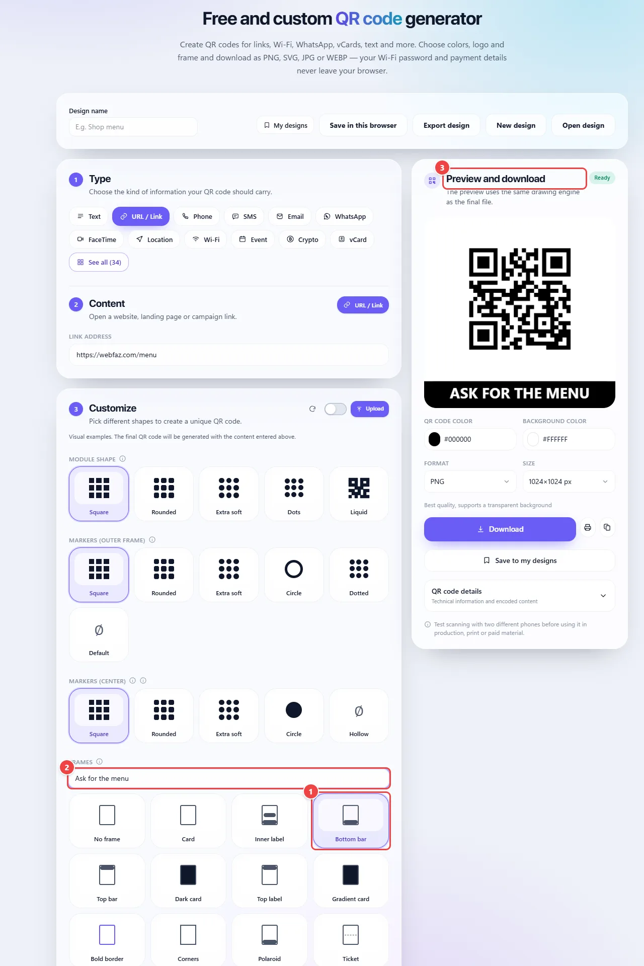 QR Code generator with the Bottom bar frame chosen: the list of frames (No frame, Card, Inner label, Strips, Dark card, Gradient card, Strong border, Corners, Polaroid, Ticket and Phone), the frame text field filled with “Ask for the menu” and the QR Code preview already with the bar and the text.