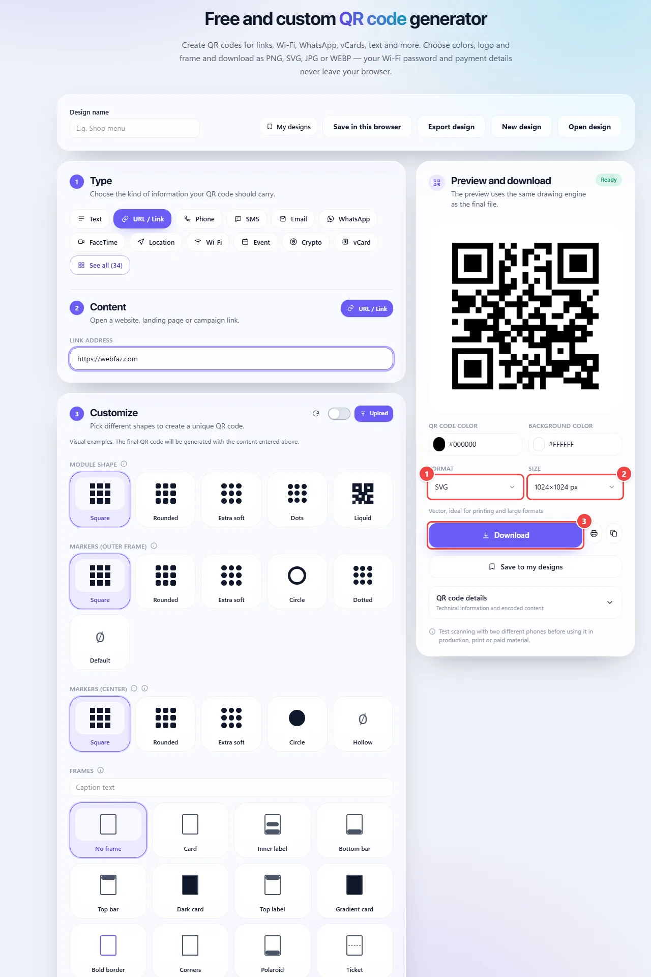 The Preview and download area of the QR Code generator with the SVG (vector) format chosen in the format list, next to the size, and the Download, Print, Copy image and Save to my designs buttons.
