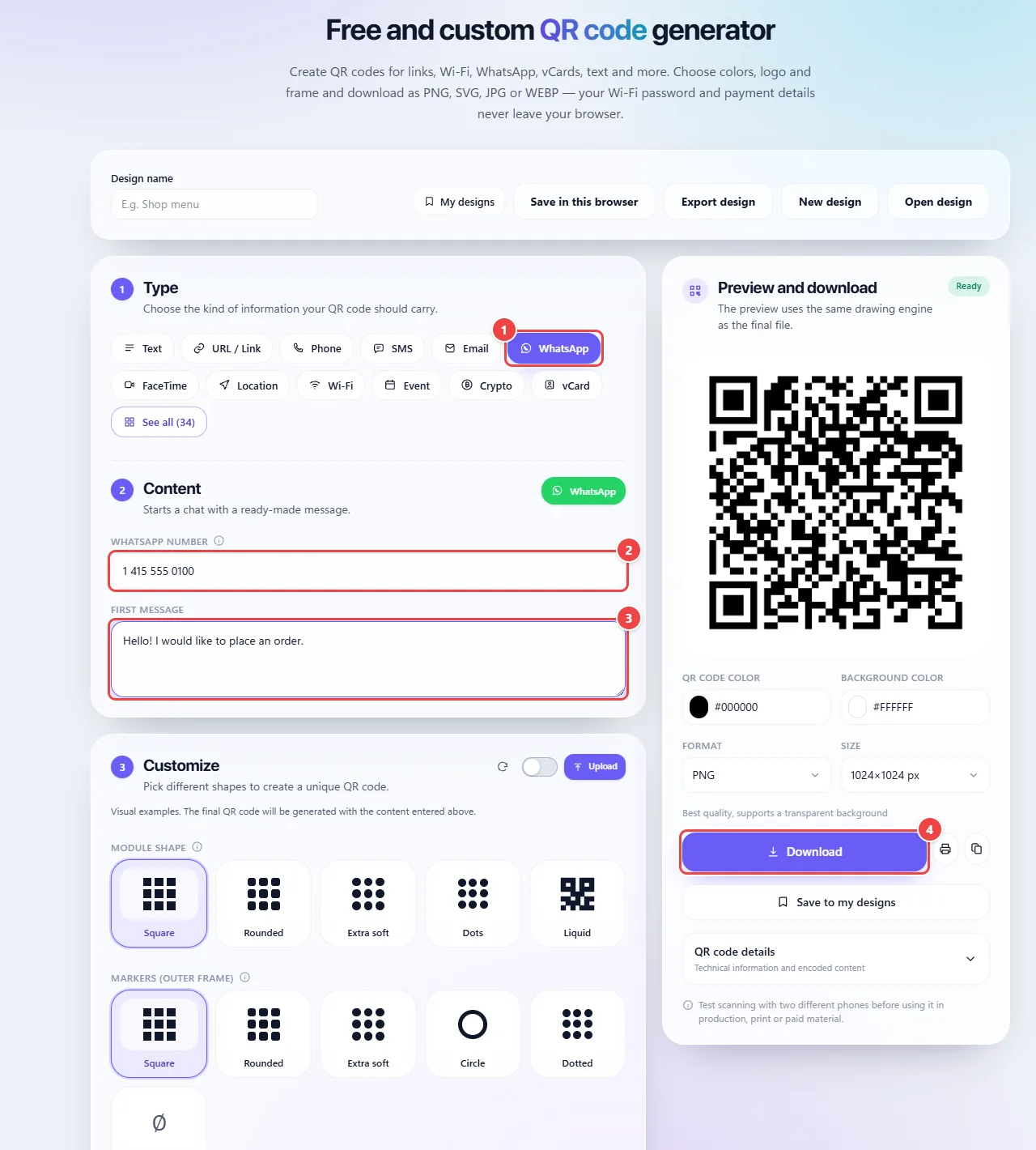 WebFaz QR Code generator with the WhatsApp type chosen, the number field with country and area code, the initial message and the QR Code preview.
