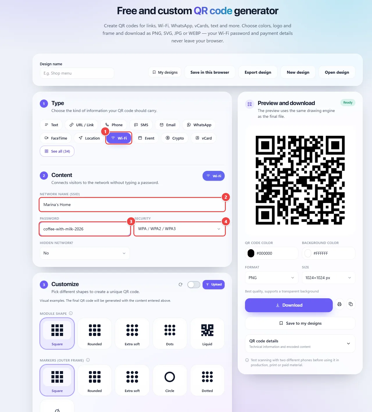 WebFaz QR Code generator with the Wi-Fi type chosen: the Network name, Password, Security and Hidden network fields filled in and the QR Code preview beside them.