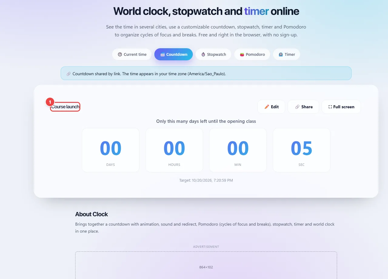 Countdown opened by a shared link, with the title Course launch, the message during the countdown and the counter of days, hours, minutes and seconds.