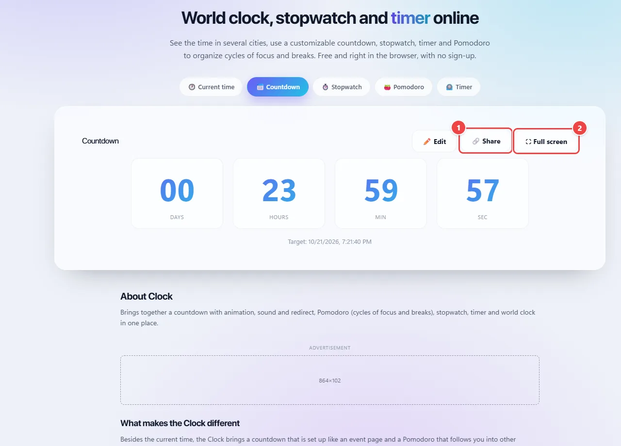 Clock countdown with the Edit, Share and Full screen buttons, after clicking Share to copy the countdown link.