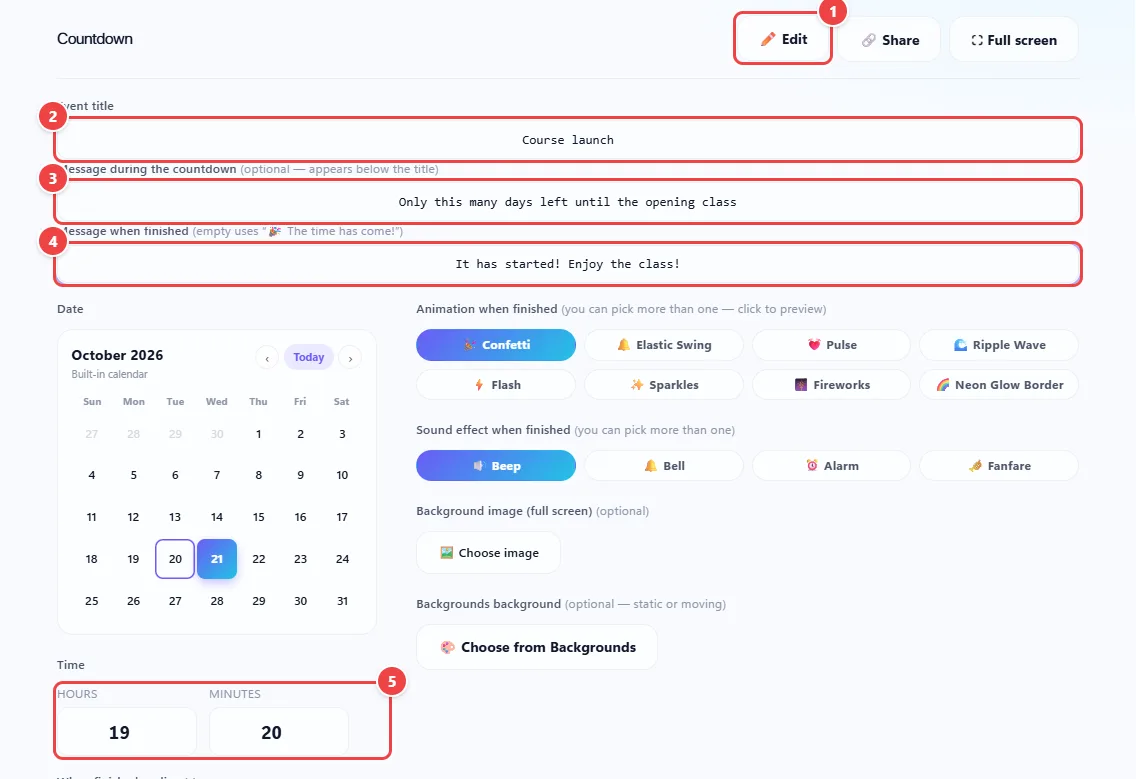 Countdown editor of the WebFaz Clock with the Event title, Message during the countdown and Message when finished fields filled in, the calendar to pick the date and the hours and minutes fields.
