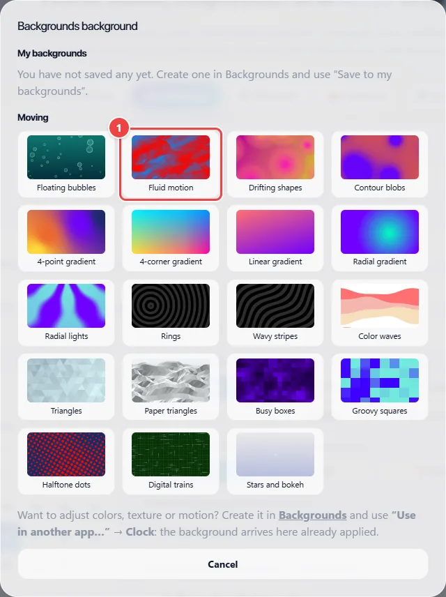 Backgrounds window open over the countdown, with the list of saved backgrounds and the animated background templates available to choose.