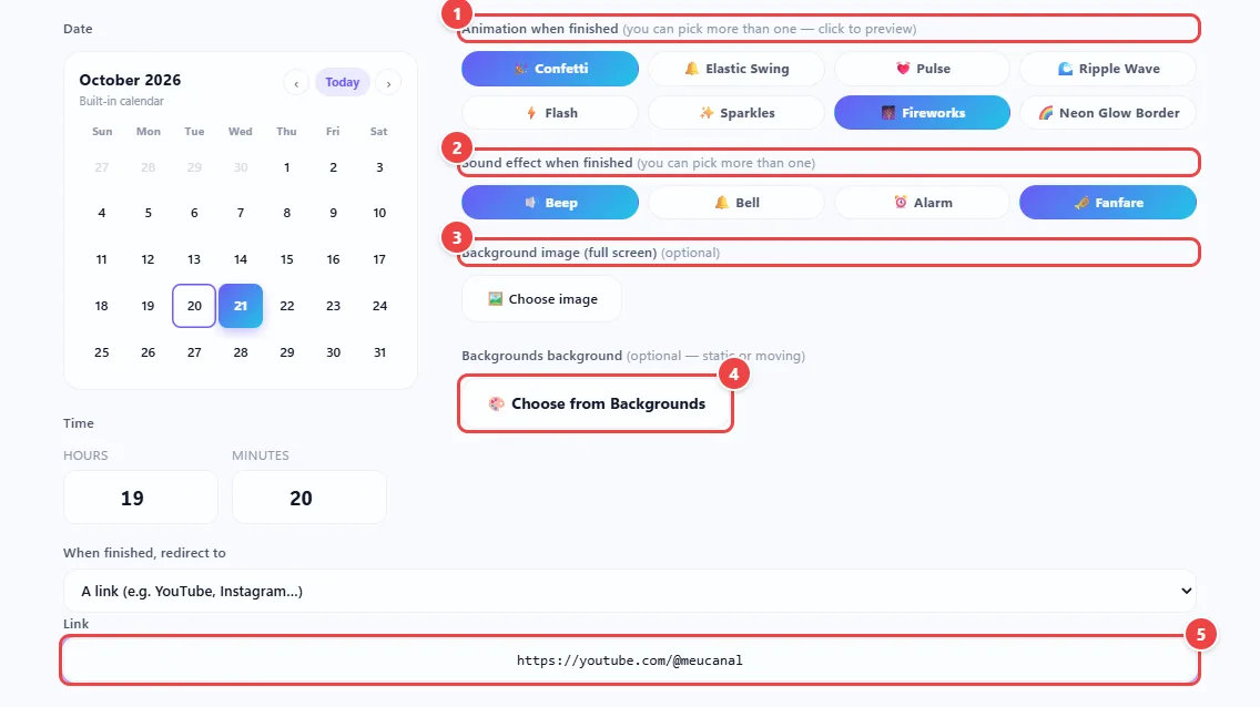 Advanced countdown options: animations when finished (confetti and fireworks checked), sound effects (beep and fanfare checked), background image for full screen, Backgrounds background and the redirect to a link at the end.