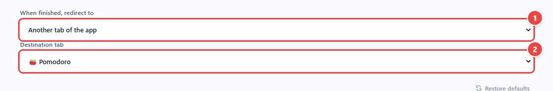 Clock countdown options with the redirect when finished set to Another app tab and the Pomodoro destination tab chosen.