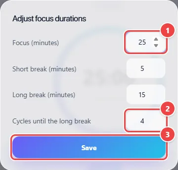 Pomodoro Adjust durations window with the Focus, Short break, Long break and Cycles until the long break fields and the Save button.