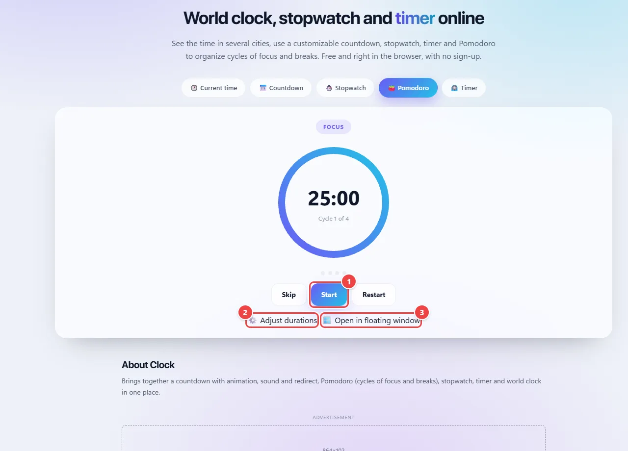 Clock Pomodoro tab with the focus time at 25 minutes, the Skip, Start and Restart buttons, the Adjust durations button and the Open in floating window button.