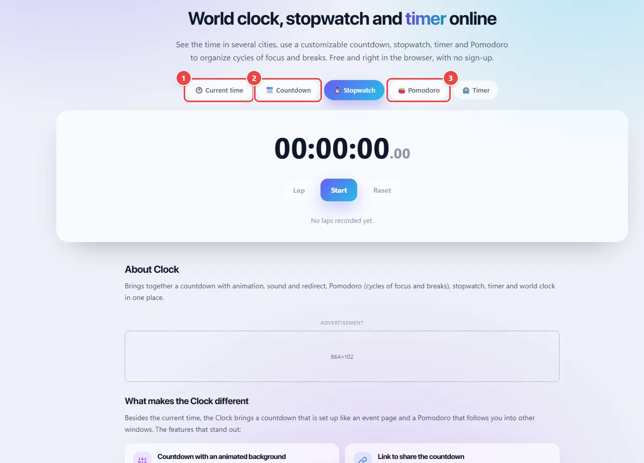 WebFaz Clock with the tabs Current time, Countdown, Stopwatch, Pomodoro and Timer, and the stopwatch selected.