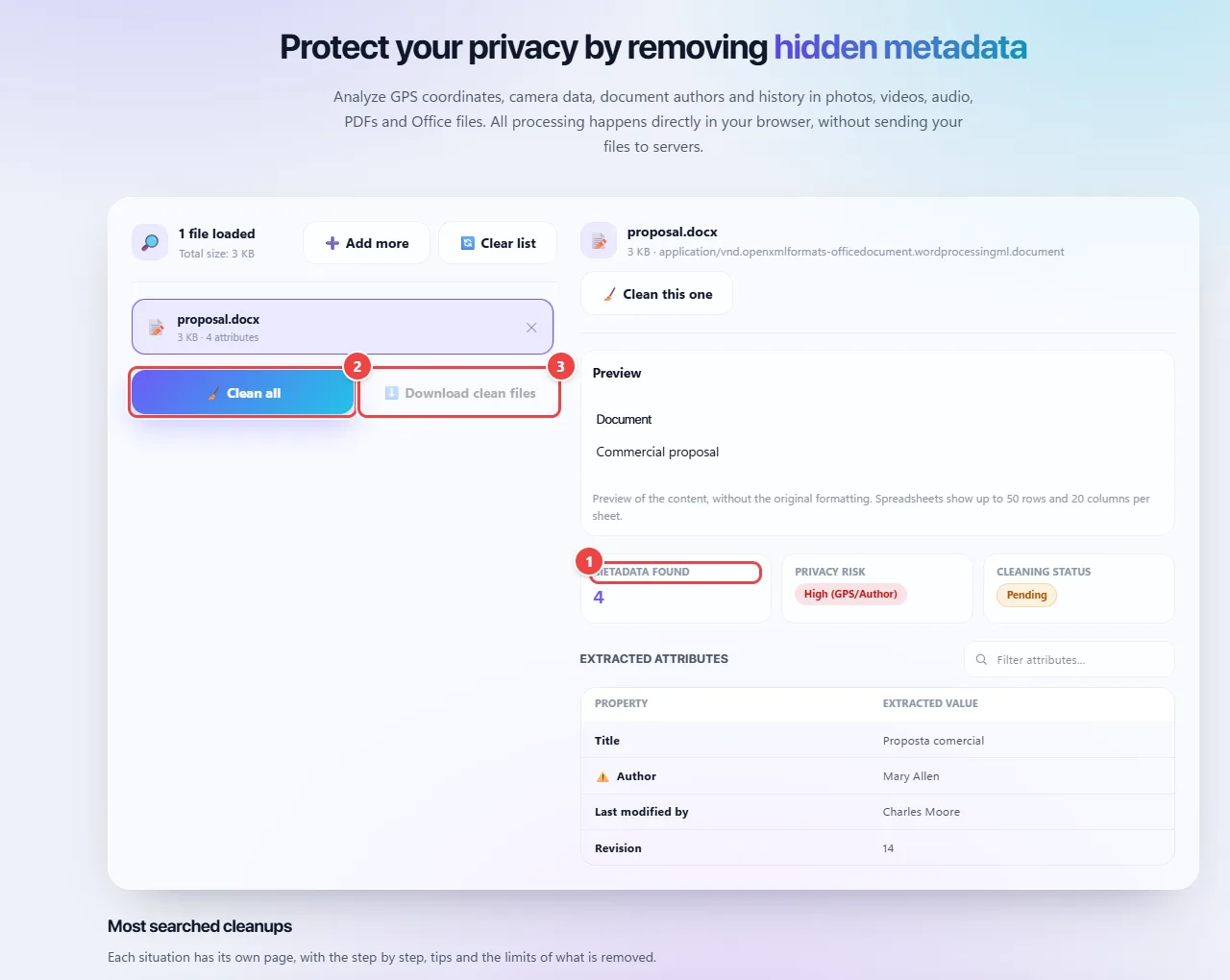 Metadata Removal with a Word proposal uploaded: the analysis shows the metadata found, such as author, last modified by, number of revisions and company, with the Clean all and Download clean buttons.