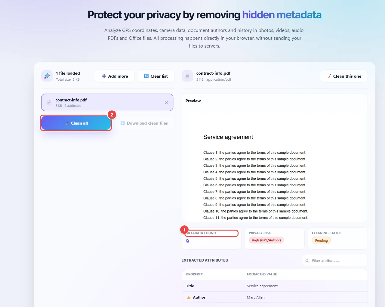 Metadata Removal with an uploaded PDF: the analysis lists the file’s metadata, such as title, author, subject and the program that created it, with nothing removed yet.