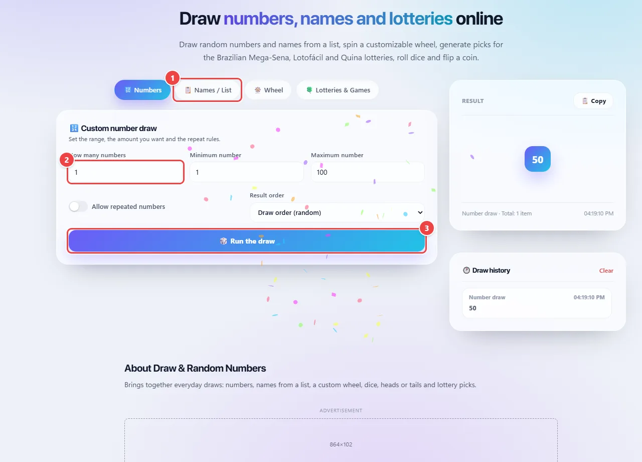 WebFaz Raffle on the Numbers tab, with the quantity, the minimum and maximum number, the option to repeat numbers, the sorting, the Draw button and the drawn result beside it.