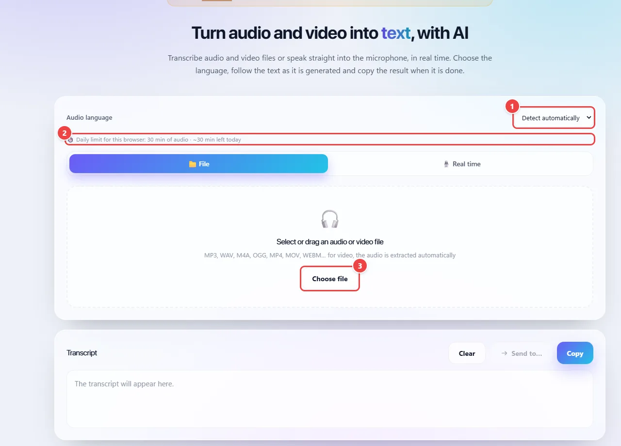 WebFaz Transcription on the File tab, with the audio language on Detect automatically, the daily minutes limit, the area to choose or drag an audio or video file and the Choose file button.