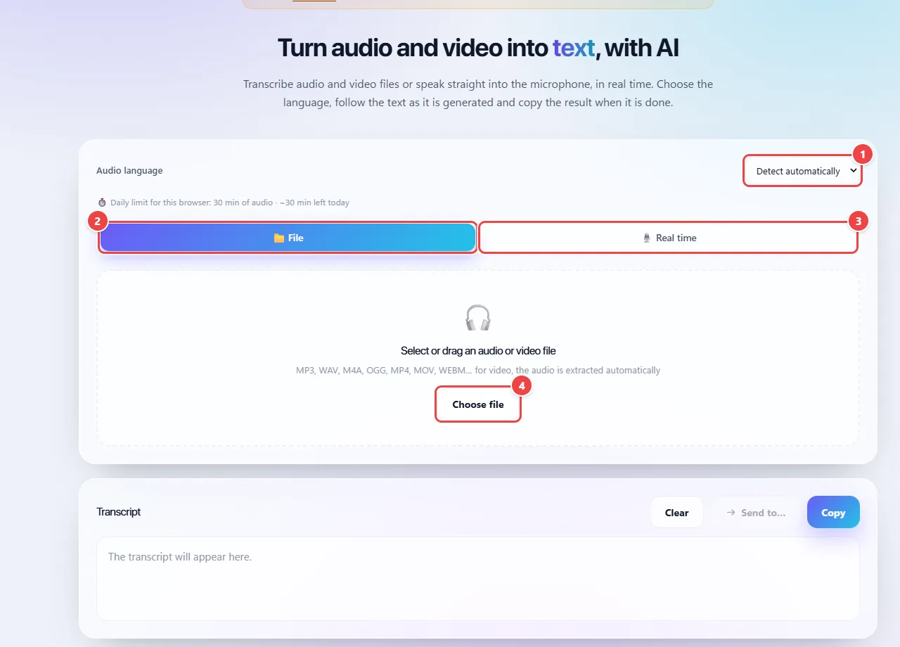 WebFaz Transcription with the audio language selector, the daily minutes limit notice, the File and Real time tabs and the area to choose an audio or video file.