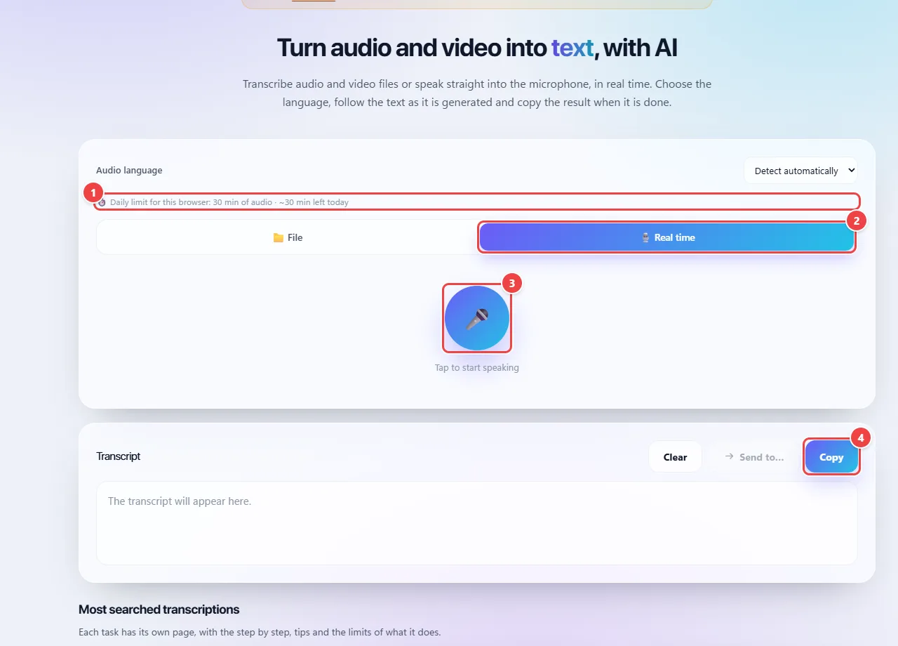 WebFaz Transcription on the Real time tab, with the audio language, the daily minutes limit, the microphone button Tap to start speaking and the area where the transcript appears, with the Clear, Send to and Copy buttons.