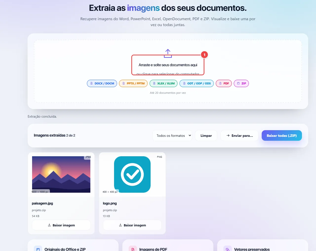 Extração de Imagens do WebFaz com um pacote enviado e as imagens encontradas listadas em miniaturas, com as opções de baixar uma a uma ou todas.