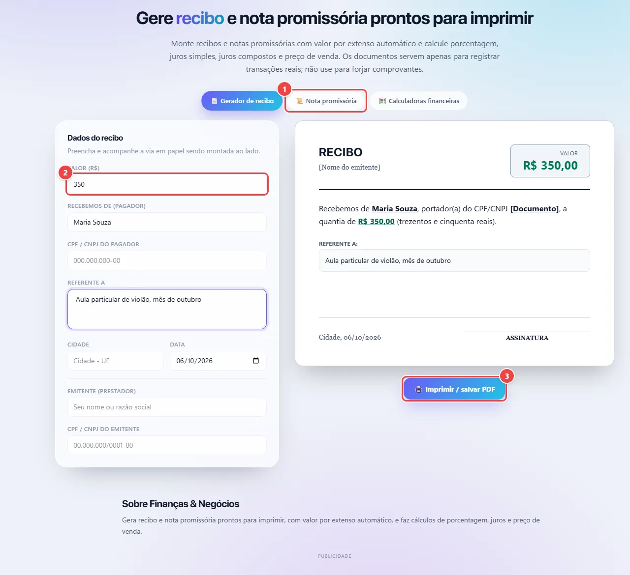 Finanças e Negócios do WebFaz com o Gerador de recibo: campos de valor, pagador, referente a e emitente à esquerda e, à direita, a prévia do recibo com o valor por extenso.