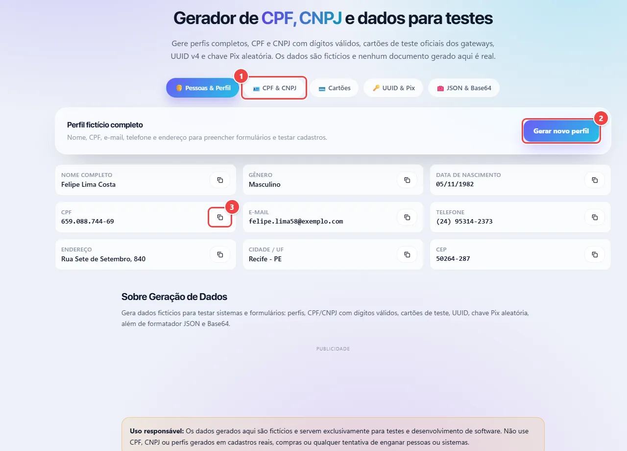 Geração de Dados do WebFaz com as abas Pessoas e Perfil, CPF e CNPJ, Cartões, UUID e Pix e JSON e Base64, e um perfil fictício com nome, CPF, e-mail, telefone e endereço, cada campo com botão de copiar.