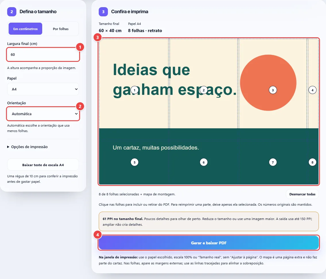 Impressão Ampliada com um cartaz de 60 centímetros, medidas, resolução e divisão numerada das folhas.