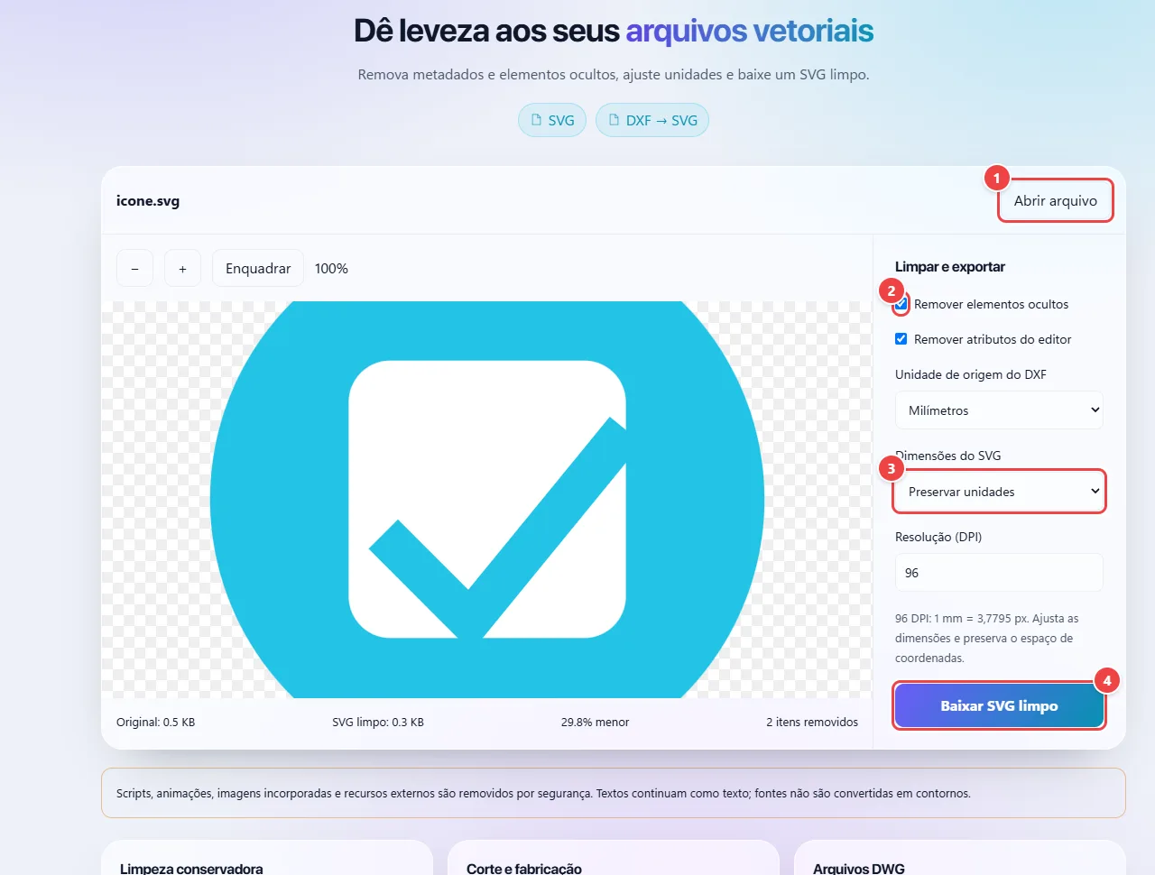 Limpeza Vetorial do WebFaz com um SVG aberto na área de visualização e, à direita, as opções Remover elementos ocultos, Remover atributos do editor, unidade, dimensões, resolução e o botão Baixar SVG limpo.