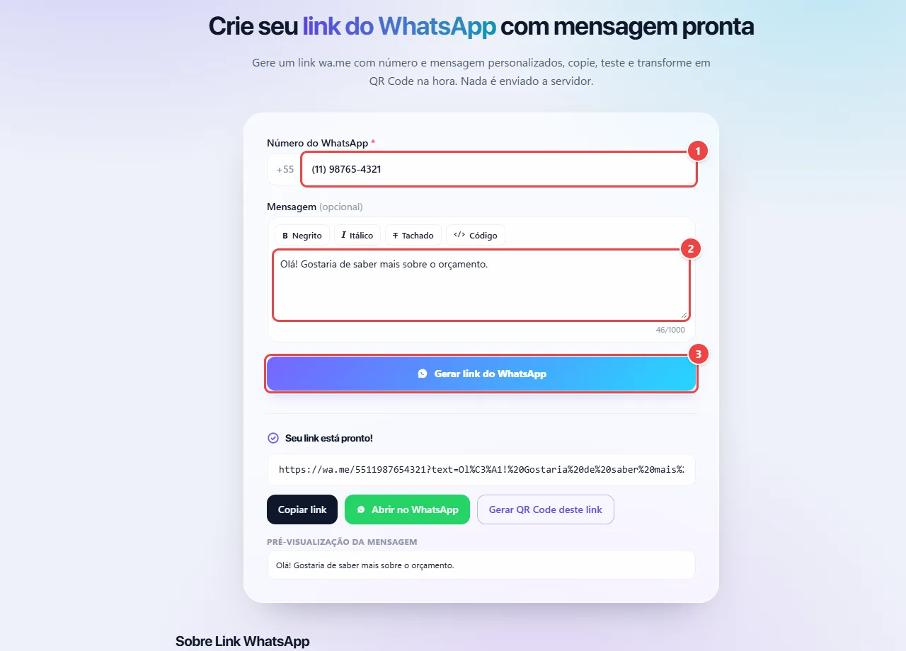 Gerador de link do WhatsApp do WebFaz com o número preenchido, a mensagem pronta com opções de formatação e o botão Gerar link do WhatsApp, seguido do link wa.me gerado.