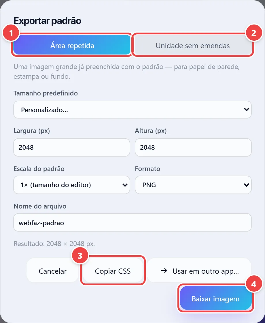 Janela Exportar padrão na aba Área repetida: o tamanho predefinido, a largura e a altura em pixels, a escala do padrão, o formato, o nome do arquivo e os botões Copiar CSS, Usar em outro app e Baixar imagem.