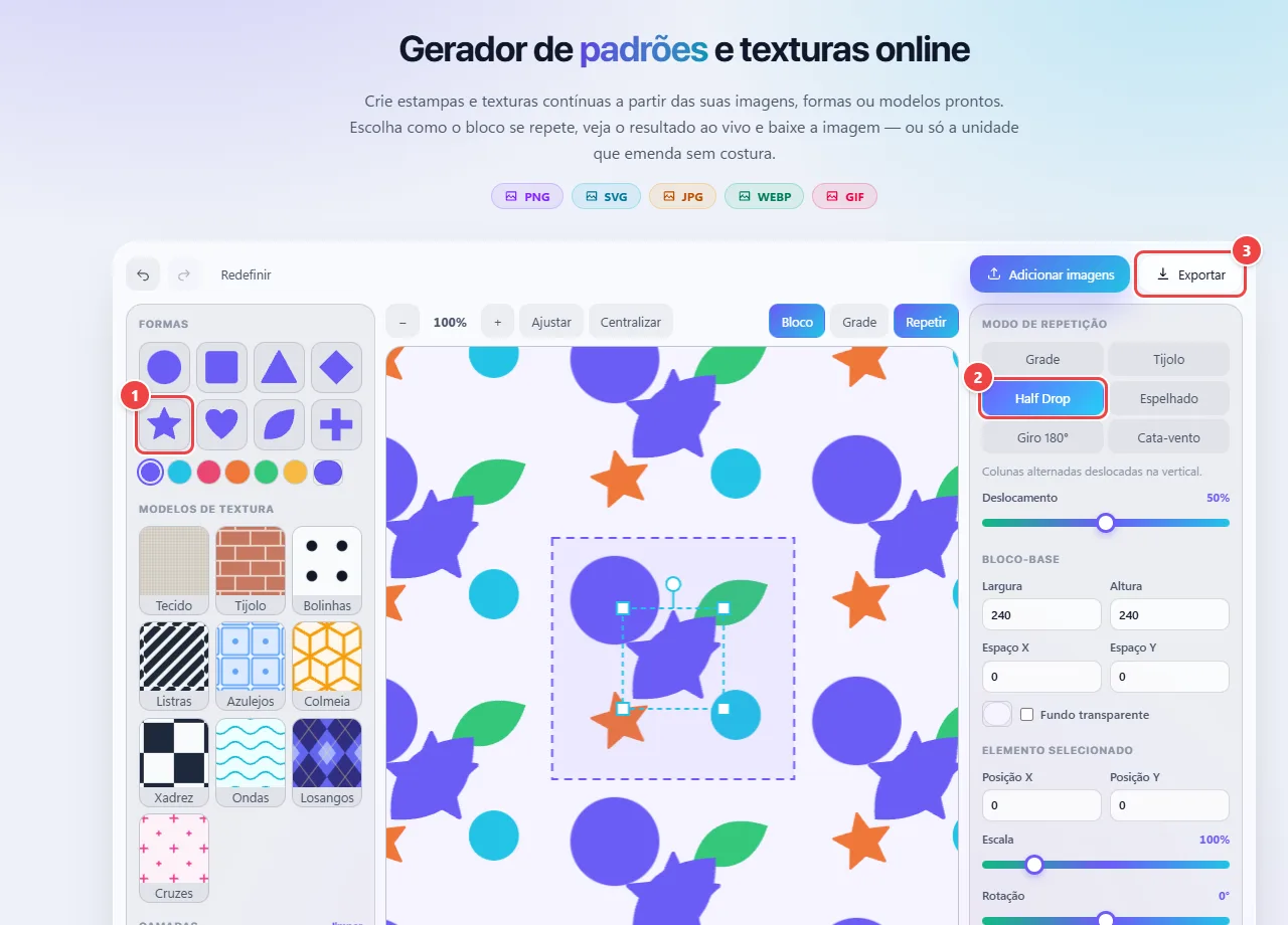 Padrões do WebFaz com a biblioteca de formas e texturas à esquerda, a prévia do padrão repetido ao centro, os modos de repetição Grade, Tijolo, Half Drop e Espelhado à direita e os botões Adicionar imagens e Exportar.