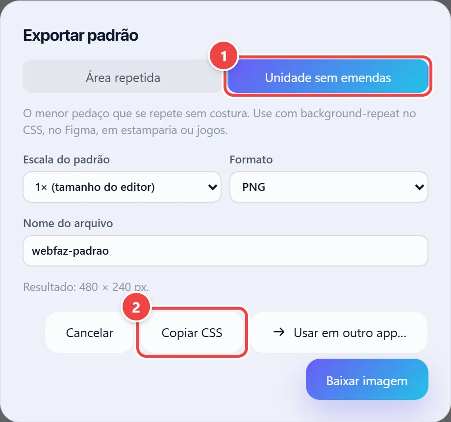 Janela Exportar padrão na aba Unidade sem emendas, com as opções de exportar só o bloco que se repete e os botões Copiar CSS, Usar em outro app e Baixar imagem.