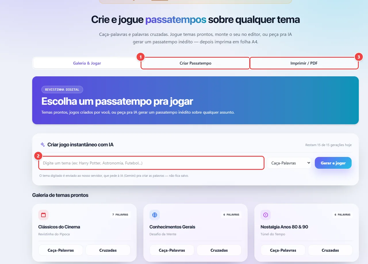 Passatempos do WebFaz com as abas Galeria e Jogar, Criar Passatempo e Imprimir ou PDF, a galeria de passatempos prontos e o campo para gerar um jogo sobre um tema com IA.