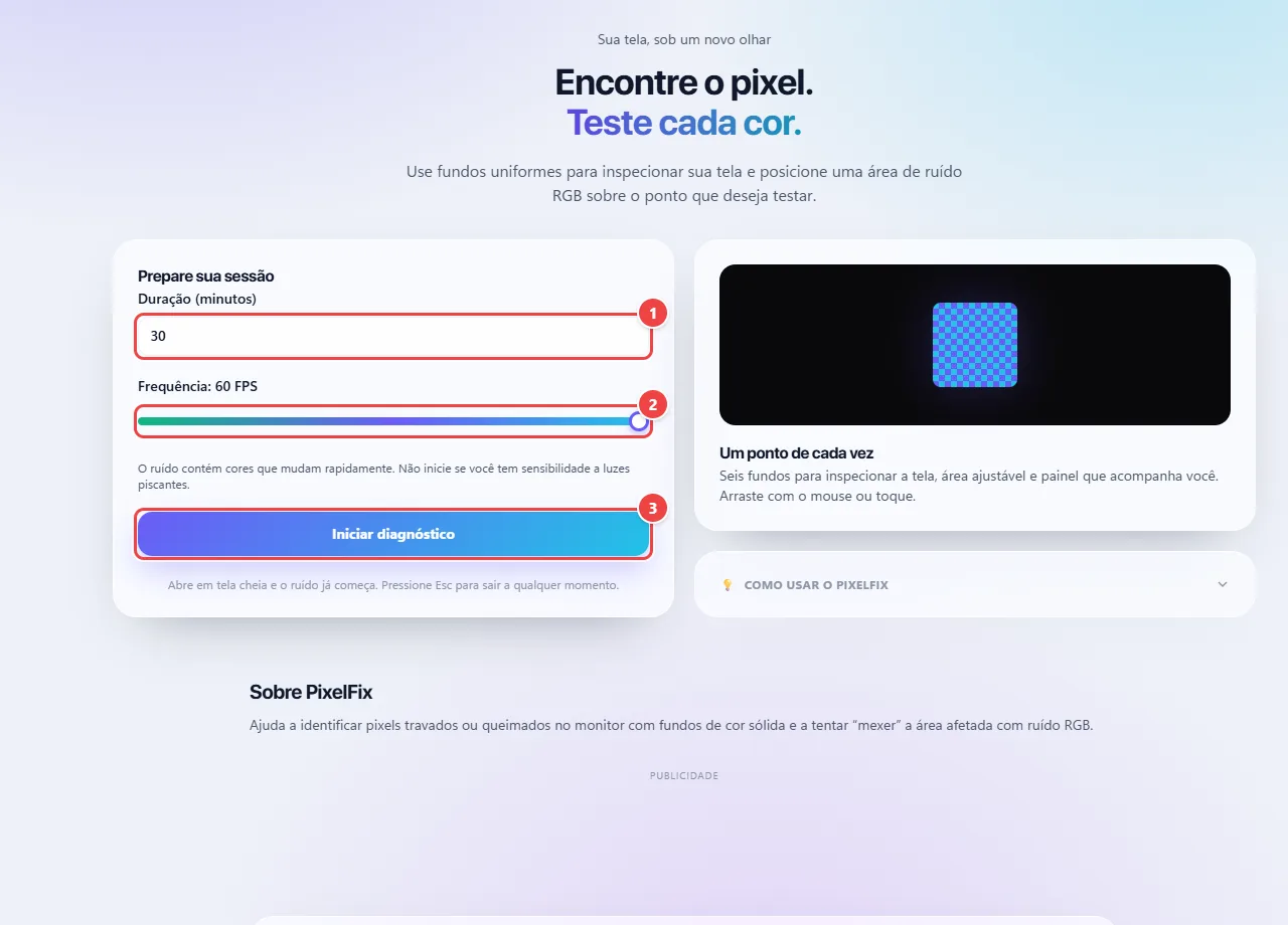 PixelFix do WebFaz com a duração da sessão, a frequência do ruído em quadros por segundo, o botão Iniciar diagnóstico e a prévia da área de ruído colorido.