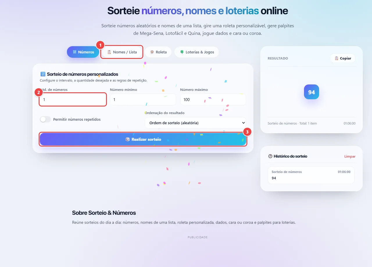 Sorteio do WebFaz na aba Números, com a quantidade, o número mínimo e máximo, a opção de repetir números, a ordenação, o botão Realizar sorteio e o resultado sorteado ao lado.