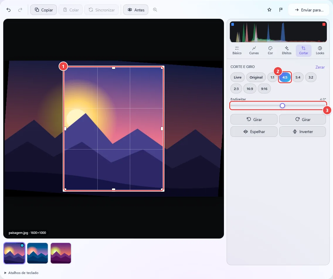 Aba Cortar do WebFaz Studio: a foto com a moldura de corte na proporção 4:5 e linhas de terços, e o painel com as proporções, o controle Endireitar e os botões de girar e espelhar.