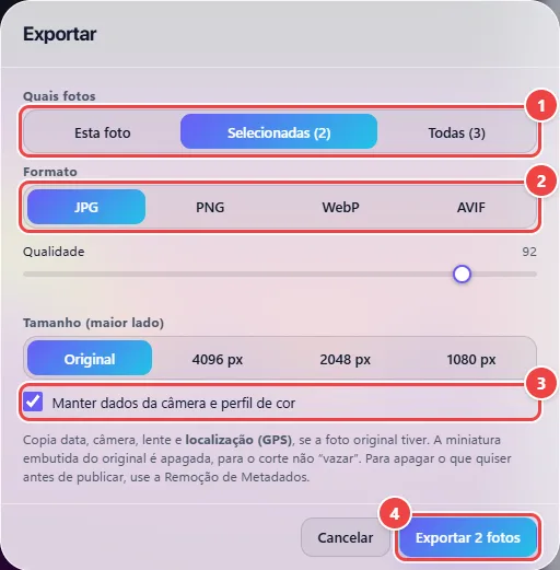 Janela Exportar do WebFaz Studio com as opções: quais fotos, formato JPG, qualidade, tamanho do maior lado e a chave para manter os dados da câmera e o perfil de cor.